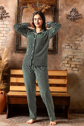 Lukitus Kadife Gömlek Yaka Kadın Pijama Takımı Yeşil