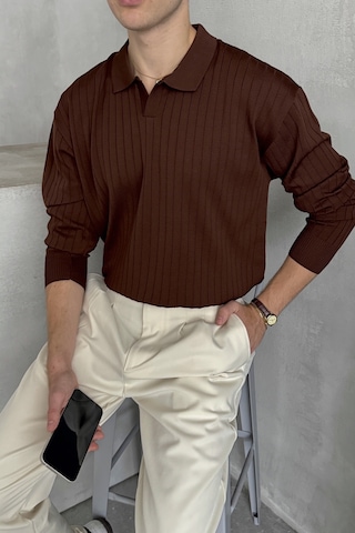 Erkek Polo Yaka Fitilli Oversize Triko Kazak Kahverengi