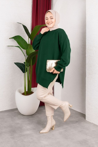 Hira Life Fashion Kadın Testtür Giyim Bisiklet Yaka Yırtmaçı Taşlı Ve Balon Kollu Oversize Şık Triko Tunik Yeşil Yeşil