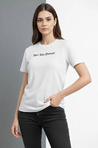 Wear Vexel Kadın Wafıl Kumaş Tişört Regular Kalıp Bisiklet Yaka Baskılı T-shirt - Beyaz Beyaz