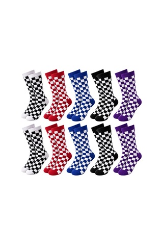 COJans Unisex Çorap Dama Desenli Renkli 10'lu Set Kareli Uzun Soket Günlük Spor Eğlenceli Rahat Çorap Seti Çok Renkli