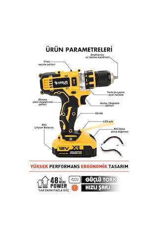 Assur ASR1026 12V Akülü Vidalama 12 Köşe 360 Lazer Hizalama Sarı