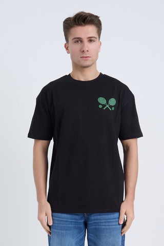 Velvoria Unisex Oversize Relaxed Tennis Baskılı Siyah Renk T-shirt