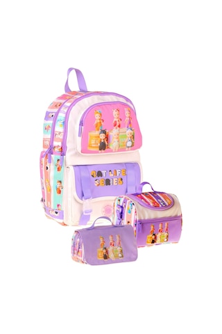 Kaukko Kids Cat Life Mor - Krem Renk Kız Çocuk Üçlü İlkokul Okul Çantası Seti/takımı - Setkk-l5313a