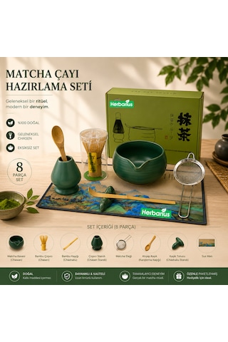 8 Parça Mat Zümrüt Yeşili Krem Tabanlı Renk Matcha Çayı Hazırlama Seti - Geleneksel Japon Matcha Seti