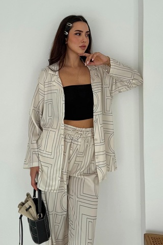 Geometrik Desen Modal Saten Takım Beyaz Beyaz