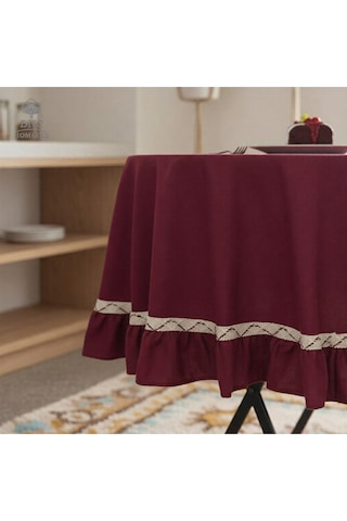 Dnc Home Tekstil Premium Keten Bordo Yuvarlak Fırfırlı Özel Seri Masa Örtüsü Bordo
