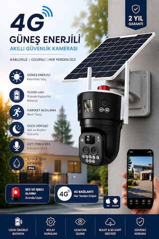 3x4mp 4+4+4 Güneş Panelli Kamera 4g Sim Kartlı 360 10x Zoom Akıllı Güvenlik Kamerası