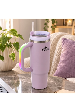 Led Işıklı Kulplu Pipetli Termos - 900 Ml Mor