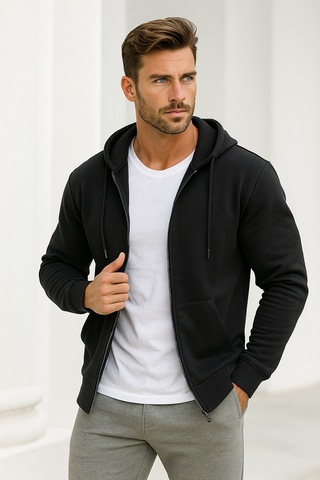 Rich Erkek Siyah Kapüşonlu Kanguru Cepli Fermuarlı Sweatshirt Siyah