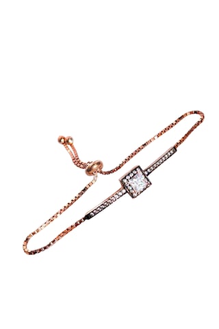 Luna Luster 925 Ayar Gümüş Kare Princess Kesim Halo Gold Tasarım Ayarlanabilir Kadın Bileklik. Altın