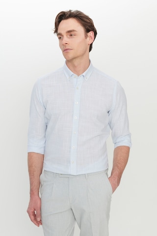 Ac Sports Erkek Mavı %100 Pamuk Slim Fit Düğmeli Yaka Armürlü Flamlı Gömlek Mavı