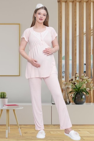 Mecit Pijama Mecit 6203 Kadın Pembe Sabahlıklı Hamile Lohusa Pijama Takımı