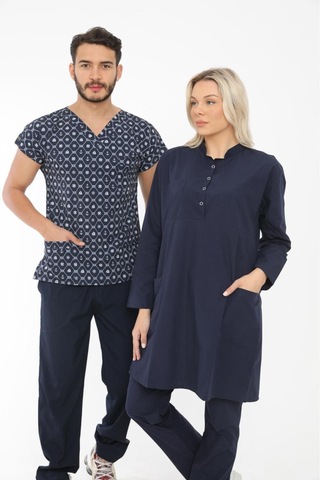 Likralı Cerrahi, Doktor, Hemşire, Veteriner, Dişçi, Desenli, Koyu Renkli Forma Tek Üst Scrubs Çapa