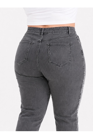 Trieste Büyük Beden Yıkamalı Denim Dantel Aplikeli İnci Taş Detaylı Kadın Pantolon Siyah