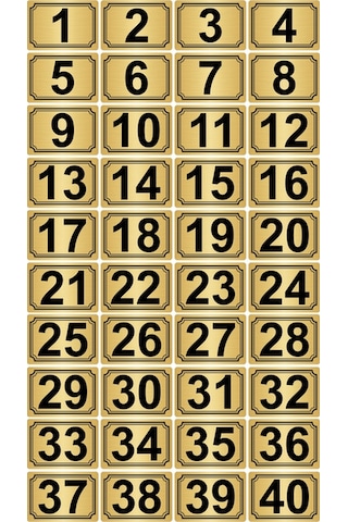 3,5x5cm Metal Yapışkanlı Numara (1..40) 40 adet Altın Renk Metal 3,5x5cm Metal Yapışkanlı Numara (1..40) 40 adet Altın Renk Metal