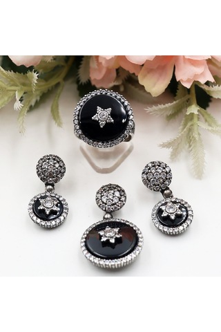 Zirkon Taşlı Oniks Taş Üzerinde Yıldız Set Rose Gold - Gümüş