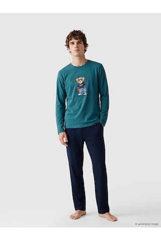 LC Waikiki Lc Waıkıkı Petrol Regular Fit Teddy Baskılı Erkek Pijama Takımı