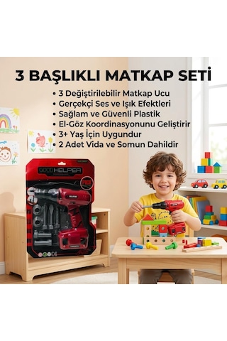 Pille Çalışan 3 Farklı Uçlu 2 Vida 2 Somonlu Tamirci Temalı Matkap Oyuncak İş Aleti
