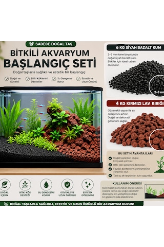 Bitkili Akvaryum Başlangıç Zemin Kum Seti Toplam 10 Kg - 6 Kg Siyah Bazalt Zemin Kumu + 4 Kg Volkanik Taş Kırığı - Bitki Dahil Değildir