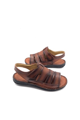 Deritarz Tam Ortopedik Hakiki Deri Masajlı Taba Erkek Sandalet Taba