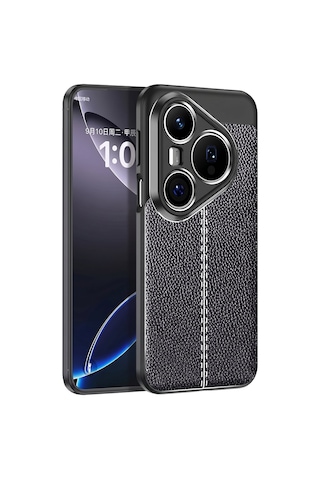 Caseonn Huawei Pura 80 Pro Kılıf Lüks Dikiş Detaylı Deri Görünümlü Kapak Siyah