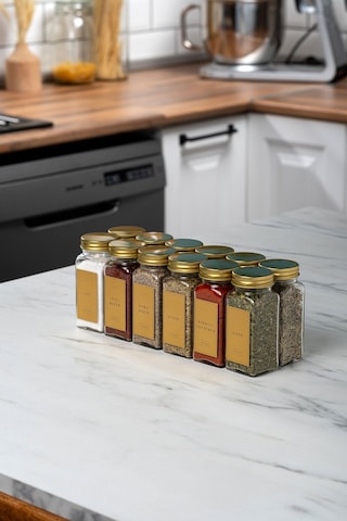 12'li Cam Gold Kapaklı Gold Etiketli 12-li Baharatlık Seti Takımı-mh00gld12 Gold - Şeffaf