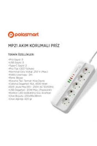 Polosmart Mp21 Akım Korumalı 5'li Priz 3 Usb 2 Typc-c