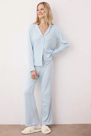 Benerly Kadın Gömlek Yaka Standart Kol Regular Kalıp Örme Pijama Takımı F mavi