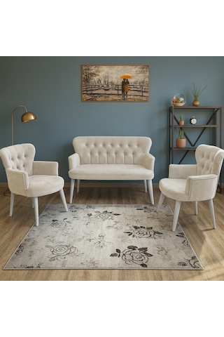 Roma Çay Seti Koltuk Takımı - Babyface Kumaş - Ahşap Ayak - Krem