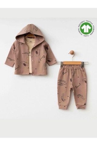 Erkek Bebek Kapüşonlu Dinazor Baskılı 3lü Eşofman Takım-15469 Kahverengi