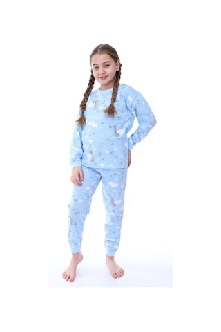 Kız Çocuk Gökkuşağı Desenli Uzun Kollu Pijama Takımı-1076 Mavi