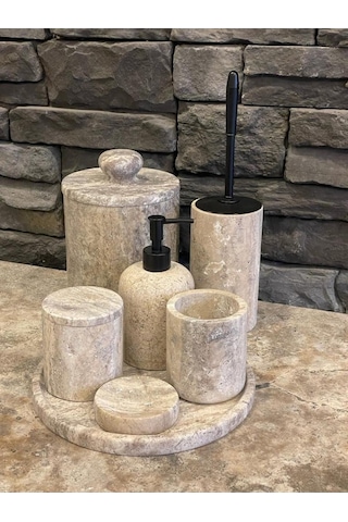 Yeni Silver Gümüş Traverten 7'li Banyo Seti Çöp Kovası Kendinden Tutmalı Kulp Beyaz