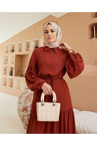 6567-büzgülü Bağcıklı Elbise Kiremit Kiremit