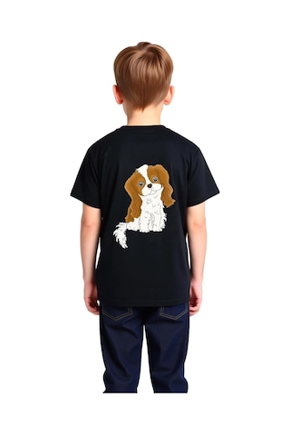 Paybuy Çocuk Cocker Spaniel Baskılı Tişört %100 Pamuk Kısa Kollu Yuvarla Siyah