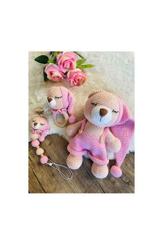 Adenya Sepeti Masala Ayıcık Set Pembe Renk Örgü Amigurumi Oyuncak + Diş Kaşıyıcı + Emzik Askısı