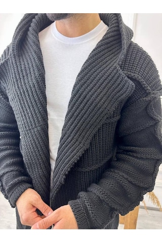 Elku Moda Elkumoda Hırka Kapüşonlu Cepli Örgü Triko Uzun Panço Hırka Hırka2785-HIRKA2785