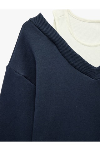 Koton V Yaka Uzun Kollu Pamuklu Şardonlu Sweatshirt Lacivert 7wkg10051ak