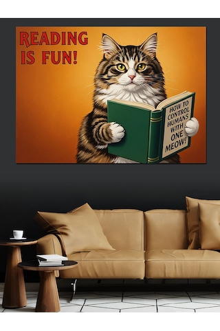 Şapkalı Kitap Okuyan Kedi Dekoratif Kanvas - Mdf Ahşap Tablo