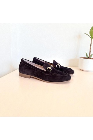 Ne&ve Shoes Kahve Süet Hakiki Deri Gold Zincir Aksesuarlı Kadın Loafer Ayakkabı Kahverengi