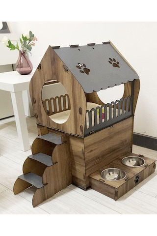 Nursoft Dekoratif Teraslı Kedi Evi ve Mama Kabı Seti 51 x 65 CM