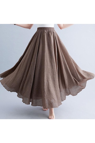 Yaz Sonbahar Kadın Etek Edebi Büyük Boy Pamuk Keten Yarım Etek Elastik Bel Keten A-line Etek Uzun Bölüm Saf Renk Rüzgar Salıncak Etek Haki