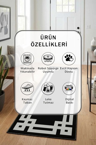 Klasik Ari Salon Mutfak Yatak Odası Dijital Yıkanabilir Yolluk Siyah