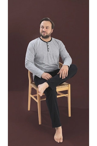 Seamlife Erkek Büyük Beden Bisiklet Yaka 3 Düğmeli Mevsimlik Uzun Kollu Pijama Takımı Açık Gri