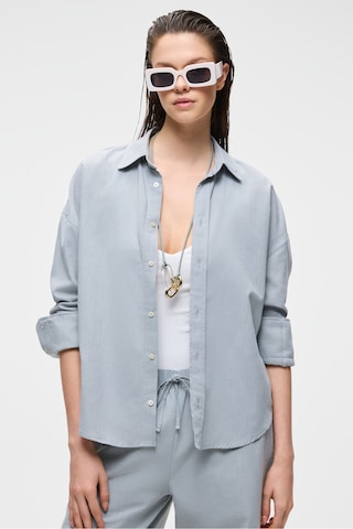 VESTA Kadın %100 Pamuk Keten Görünümlü Flamlı Oversize Gri Gömlek