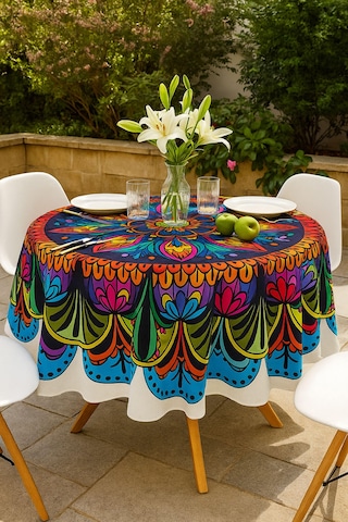 Yuvarlak Etnik Desenli Duck Kumaş Masa Örtüsü 150x150 Cm Çok Renkli