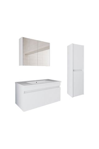 Banos Tm3 Lavabolu Beyaz 100 Cm Aynalı Banyo Dolabı Takımı Beyaz