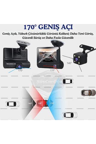 3 Kameralı Kayıt Cihazı İç Ön Arka Geri Görüş Kameralı 4.0" 1080p Full Hd Kayıt Çarpışma Algılayıcı Sensörlü Gece Görüşlü Park Sensörü Sesli Yol Kayıt 00 Şüscaroto Aksesuar