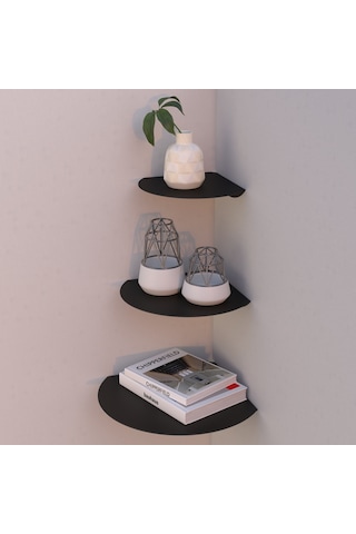 Oval Metal 3'lü Duvar Köşe Rafı Modern Dekoratif Raf Seti Siyah