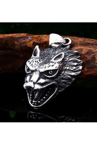 Üç Boyut Tasarım Paslanmaz Çelik Kurt Kolye Gümüş